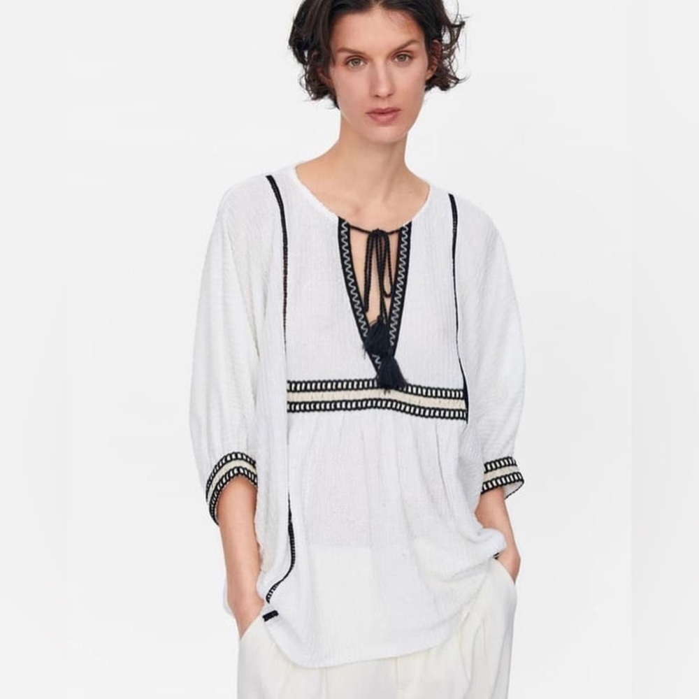 Zara white knit textured embroidered boho blouse